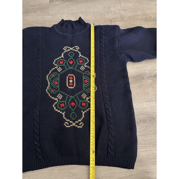 Vtg 80s Liz Claiborne Navy Merino Wool Tyrolean Cross Stitch Film Art Sweater SP - Picture 10 of 12